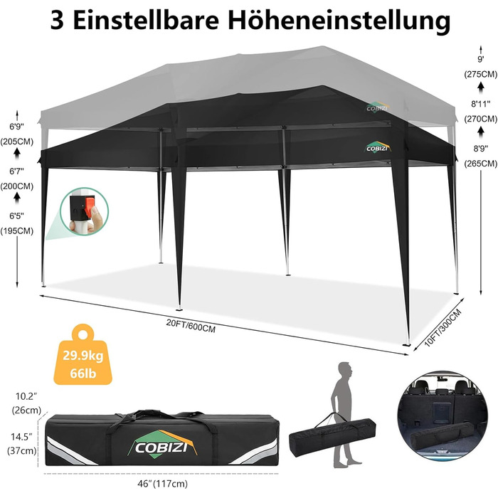 COBIZI Pavilion 3x3 Waterproof Folding Pavilion with 4 Side Panels, Outdoor Folding Pavilion, Stable UV Protection 50+, Pop-Up Garden Pavilion, Party Tent for Outdoors, Garden, Party, Wedding, Market (Black, 3x6m)