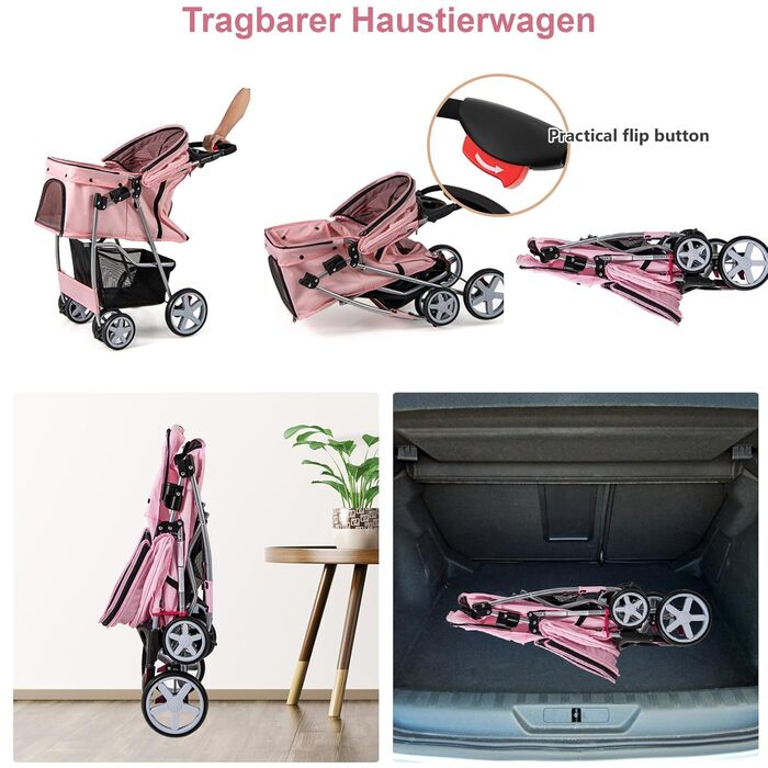 Собачий візок SOARS для тварин до 15 кг, розкладний, з сітковими віконцями, тримачем для напоїв та кошиком для зберігання, для маленьких тварин (Рожевий)