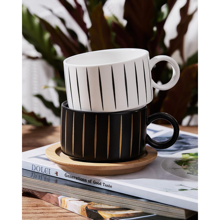 Набір кавових чашок Cappuccino HOME DECOR (4 шт.) 160 мл з підставками та стійкою - 160 мл, кераміка, для еспресо, капучино, лате, Stripe