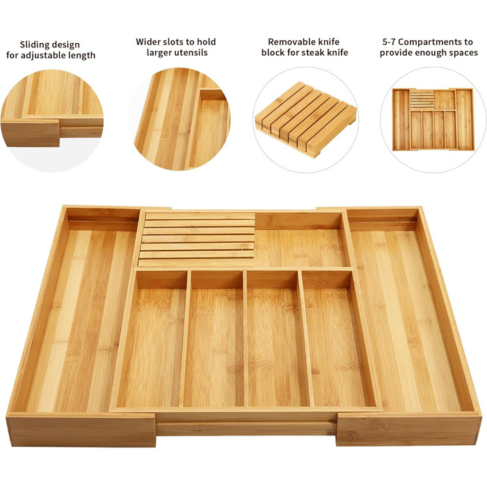 VaeFae Bamboo Cutlery Box for Drawers, Expandable Drawer Organizer Kitchen, Cutlery Insert for Drawers with Knife Block, Adjustable Wooden Cutlery Box