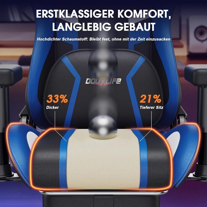 Ігровий крісло Douxlife з масажем та підігрівом, ергономічний офісний стілець з підніжкою, регулювання 90°-175°, підлокітники 2D, для геймерів, PC стілець, 181 кг, блакитний