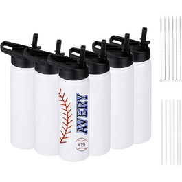 6 Sublimation Water Bottle Blanks, 680 ml, Customizable, Reusable Water Bottles, Bulk with Handle and Straw Lid, Leak-Proof and Lightweight for Sports, DIY Gift, White