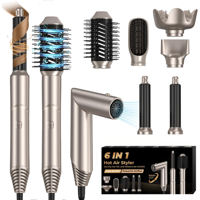 UKLISS 6-в-1 Airstyler: Фен-щітка, локони, укладка, іонізація 60 000 U/min, золотий