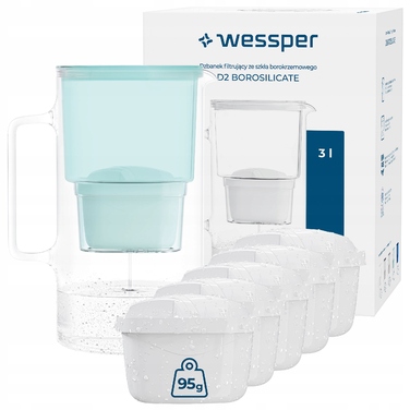 Скляний фільтр-кувшин Wessper D2 BOROSILICATE 3л, м'ятний + 6 фільтрів