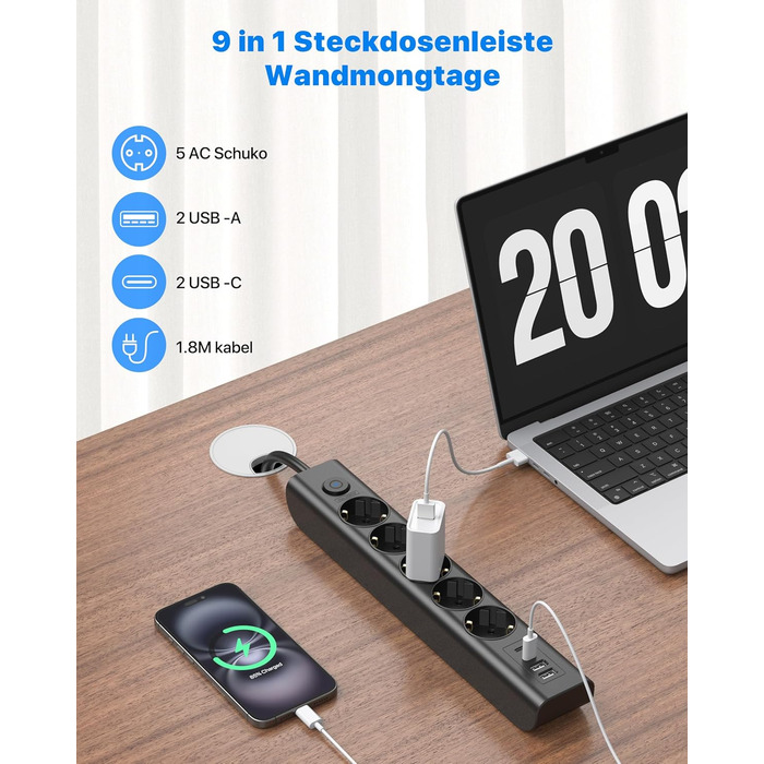 Мережевий фільтр Steckdose 8 в 1 з USB, 3680W, з вимикачем, 16A, 2 USB-C, для смартфонів, ноутбуків, iPad, 1.8M кабель, білий (чорний 5AC)
