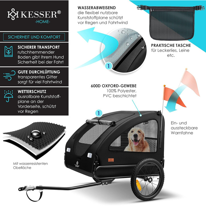 KESSER® Будь-куди з собакою: переносний візок для собак Боксер 2-в-1, великий (250л), чорний - з прапорцем та сумкою, 600D Oxford Canvas, складаний, SmartSpace