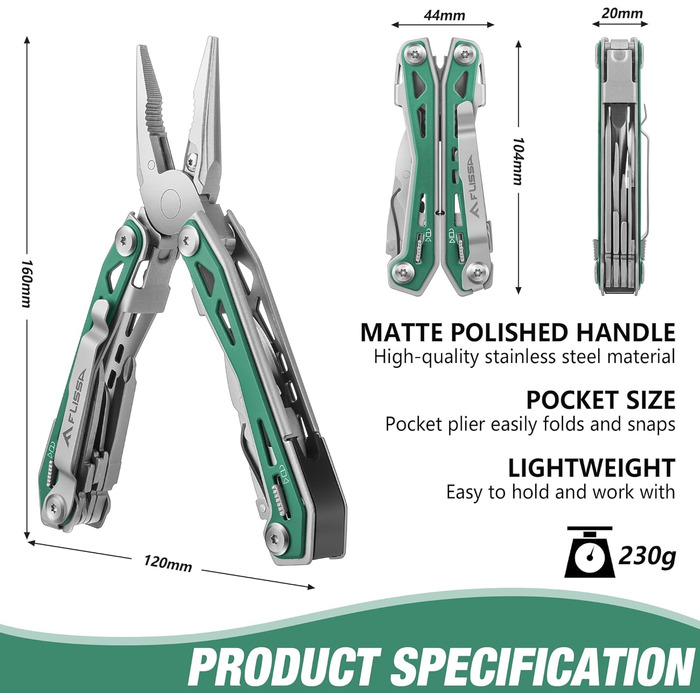 Мультитул FLISSA 16-в-1: мультиінструмент з нержавіючої сталі з ножем, ножицями, пилкою, відкривачкою для пляшок. Ідеально для кемпінгу, відпочинку на природі та ремонту. У комплекті сумка. Матовий зелений.