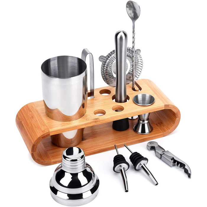 Набір бармена Wa-Very з бамбуковим підставкою (10 предметів), шейкер для Мартіні та аксесуари, з нержавіючої сталі