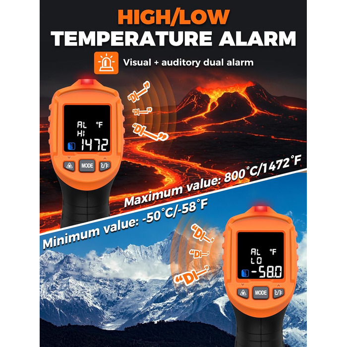 Інфрачервоний термометр лазерний IM06MAX з K-типом зонда (-50°C до 800°C) для промисловості, HVAC, приготування їжі та ремонту авто