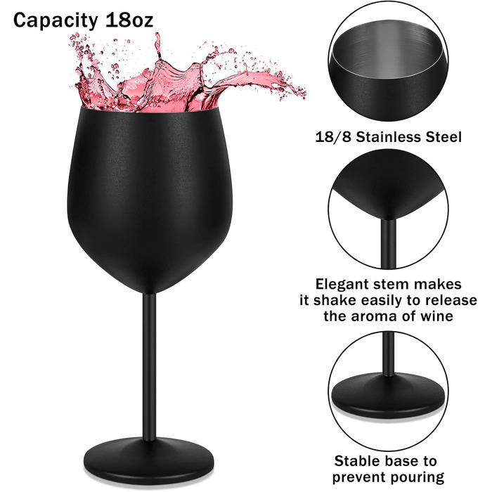 Набір келихів для вина Livole, 550 мл, з нержавіючої сталі, 4 шт. Келихи для червоного вина, шампанського, коктейлів, великі, матові чорні