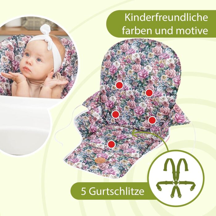 Seat reducer for high chair, baby seat cushion, chair - children for Ikea, Peg Perego high chair, chair cover for children's chair, baby chair and high chairs, leaves (flowers, seat cushion)