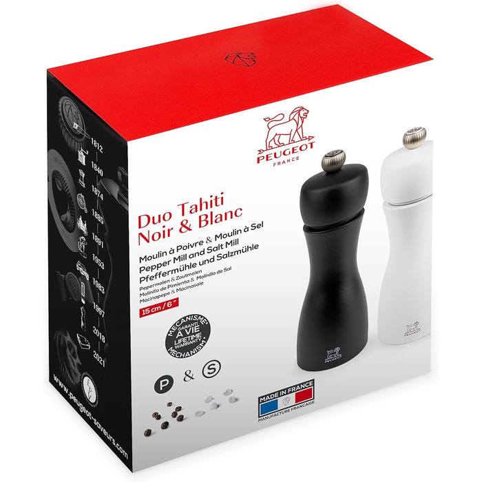 PEUGEOT Tahiti Mill Set Pepper/Salt, Classic Grind Setting, Height: 15 cm, Wood, White/Black, 2/24260
