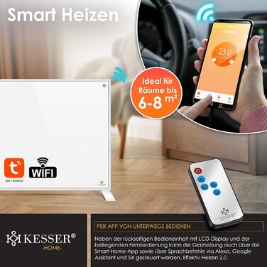 Інфрачервоний обігрівач KESSER 350Вт, енергоощадний, настінний і підлоговий, з термостатом, пультом та керуванням через додаток, електрична панель конвектор, білий