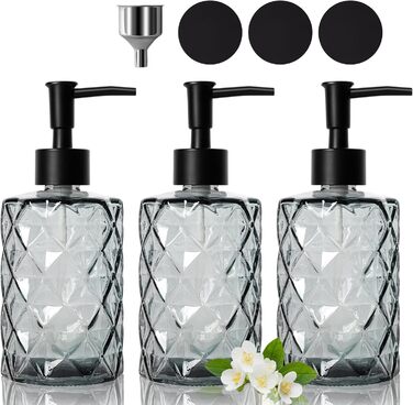 Набір з 3 скляних дозаторів для мила Omtofo, 330 мл, чорний, з нержавіючою сталею, для ванної кімнати