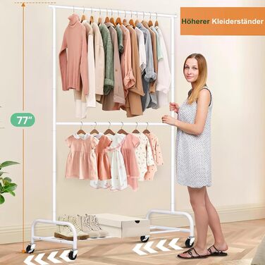 MISSLO Heavy-Duty Clothes Rack Double, Metal Clothes Rail on Wheels Stable Mobile Coat Rack for Coats, Shirts (White)