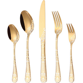 Gold Cutlery Set for 6 People, HONKKU 30-Piece Stainless Steel Cutlery Set, Dining Cutlery Set Mirror Polished with Floral Patterns, Fork Spoon Knife Set Dishwasher Safe