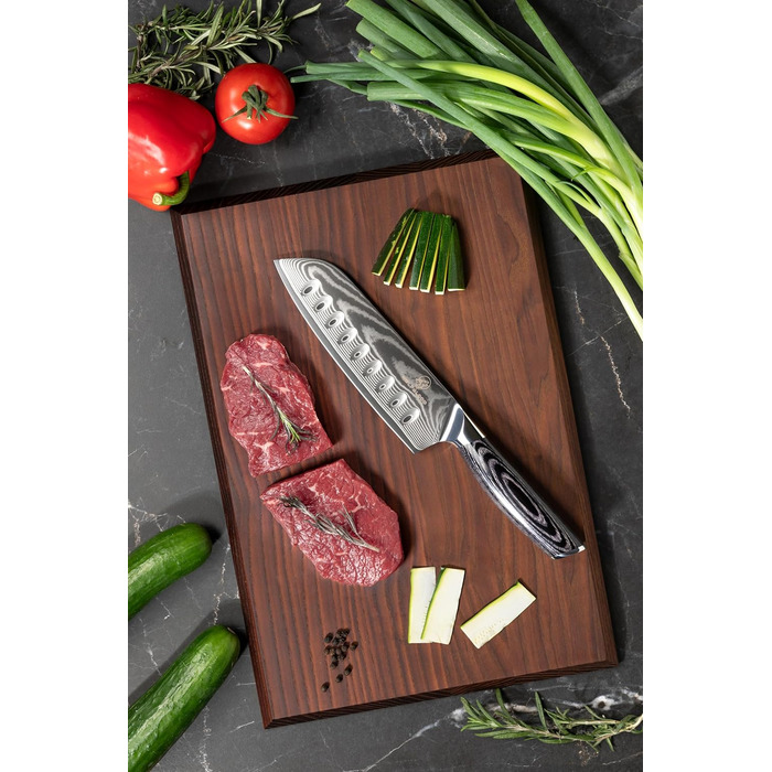 Професійний кухонний ніж Santoku Wolfblood PRO XL 31 см з 67-шарової дамаської сталі з дерев'яною ручкою, подарункова коробка та чохол