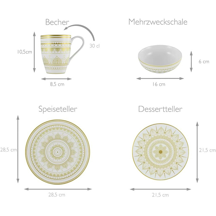 CreaTable MANDALA GOLD: Набір посуду з 16 частин, кераміка, чорний/золотий, для дому та ресторану