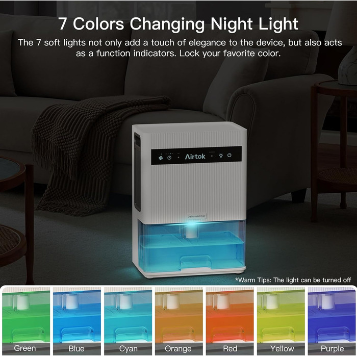 Електричний осушувач повітря Airtok 3000 мл, 35 м² для спальні, підвалу, з таймером, авторозморожуванням, 7 кольорів підсвічування