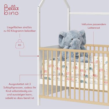 Bellabino Nika Babybett in Hausoptik 70 x 140 cm, crib and house bed for children and babies made of solid pine wood in blue, 3-fold height adjustable including slatted base.