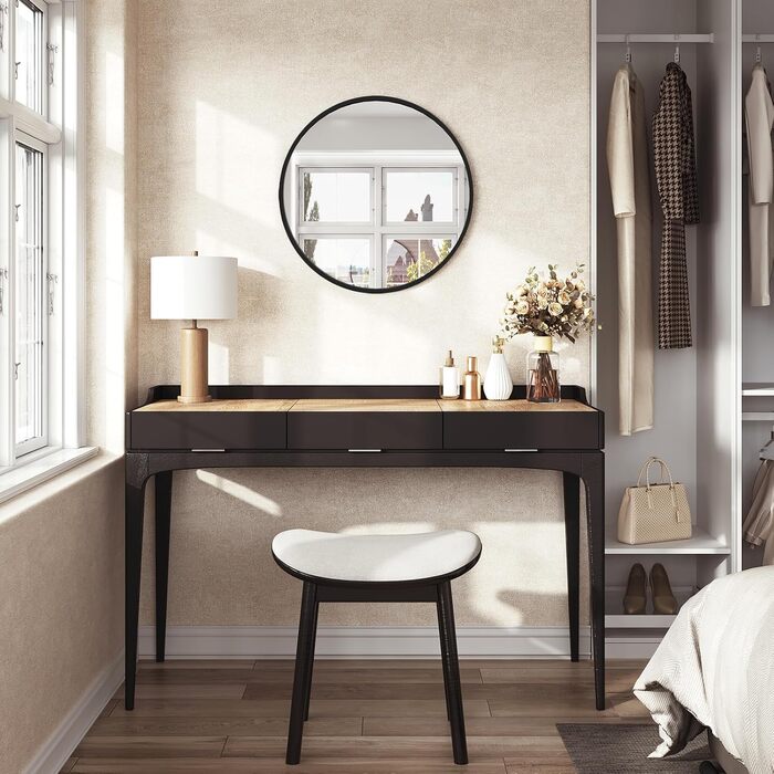 Круглий настінний дзеркало WOLTU 40 см з рамою, сучасний декор для ванної, спальні, вітальні, коридору, декоративне дзеркало для макіяжу зі скла, металу та MDF, з гачком (71L x 71B см, Чорний)