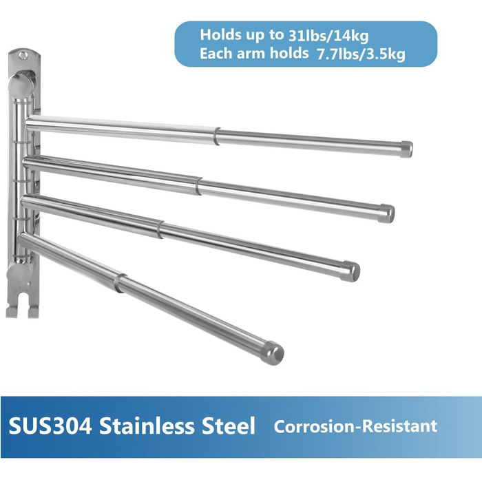 Тримач для рушників JSVER поворотний на 180°, з нержавіючої сталі 304, з 3 висувними рушниками до 50 см, для кухні, ванної кімнати, гардеробу, монтаж на стіну (срібло)