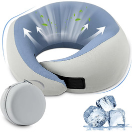 Memory Foam Travel Pillow with Storage Box - Orthopedic Neck Pillow for Airplane, Car, Train - Bluegray Ice Silk