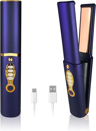 Бездротове праска для волосся з акумулятором 5000mAh, титанова поверхня, 2-в-1 (випрямляч та локони), міні, для подорожей, 3 температурні режими, швидкий нагрів, для всіх типів волосся (білий, блакитний)