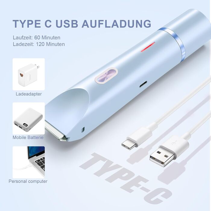 Електричний жіночий епілятор 2-в-1 з USB-C зарядкою, для обличчя, ніг та рук, вологостійкий тример, легко чистити (блакитний)