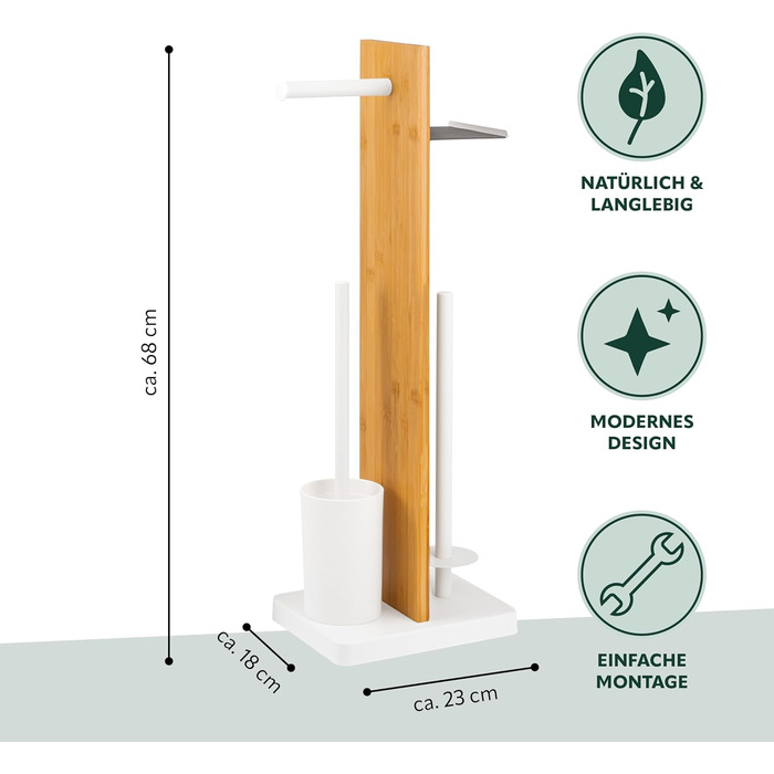 Набір для туалету Eluno 4 в 1: щітка, тримач рулонів, полиця, бамбук/метал (білий)