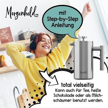 Morning Hero Premium Stainless Steel French Press, large size for 5 cups, 1000 ml, metal coffee press, induction suitable, 1l thermal insulated carafe, barista coffee maker, double-walled, manual coffee pot, 1000ml, 1000ml (5 cups)