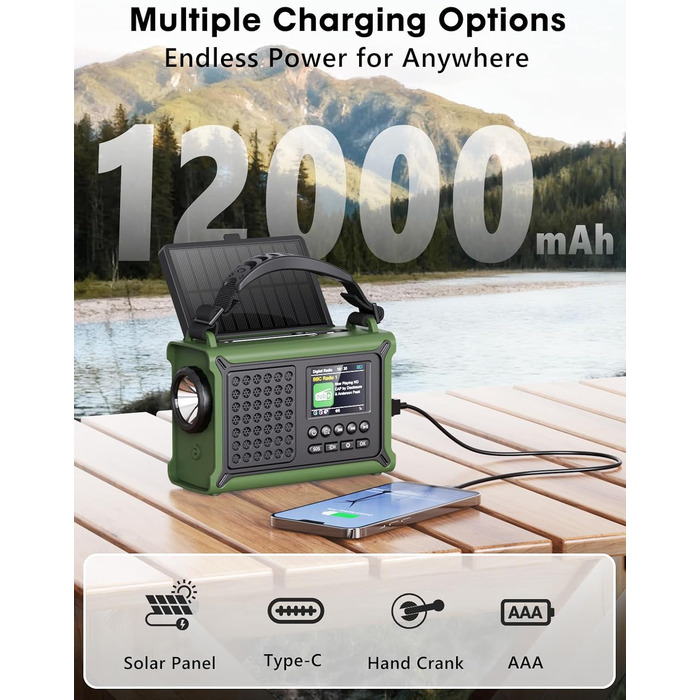 ROCAM Портативне радіо DAB+ з Bluetooth, 12000mAh, радіо з ручкою, сонячна панель 8500мм², 650mA, DAB/UKW, 2.4' дисплей, 80 станцій, LED ліхтарик, USB, SOS, IPX6, для надзвичайних ситуацій, зелене