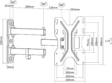 Настінне кріплення для телевізора DIGITUS поворотне до 180°, до 30 кг, чорне, 19-42 дюйми