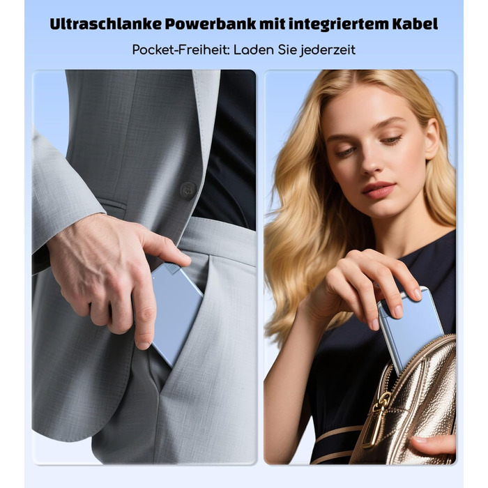 Power Bank Auskang 5000mAh Slim з кабелем для iPhone (до iPhone 14) - блакитний