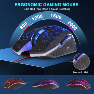 Ігровий набір клавіатури та миші: 114 клавіші QWERTZ DE, LED підсвічування, ергономічна миша з 4 кольорами, великий килимок, USB для PC/PS5/Xbox