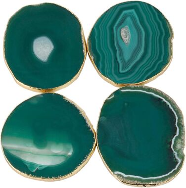 mookaitedecor Polished Natural Geode Agate Slices Coasters Set (2 Pieces), Decorative Stone Coasters for Glasses, Cups, Vases, Candles, Serving Plates, Name Cards for Wedding (Green-gold plated rim)