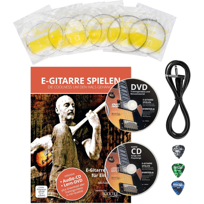 Rocktile Супер комплект для електрогітари (підсилювач, тюнер, каподастр, ремінь, медіатори, чохол, підставка для гітари та підручник з CD/DVD) чорний