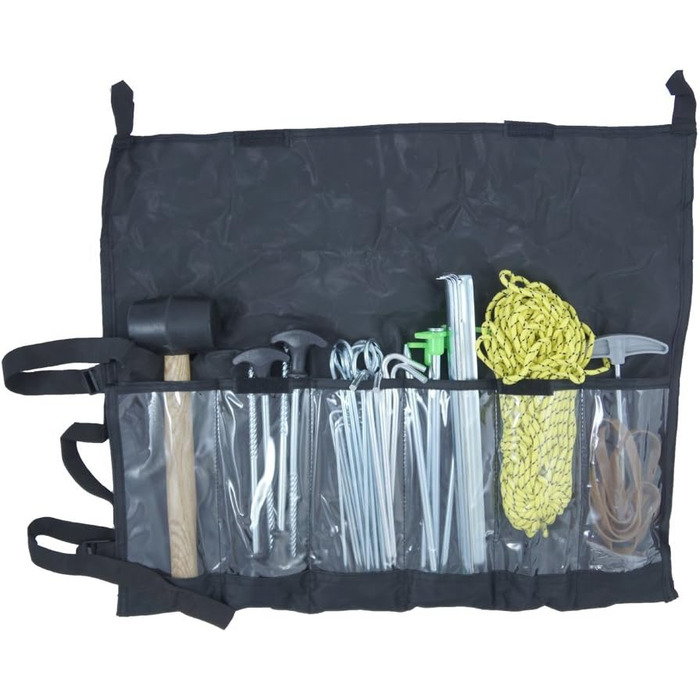 Outdoorer Tent Accessories Set incl. mallet, sand pegs, aluminum pegs, screw pegs, ground sheet pegs, and more.