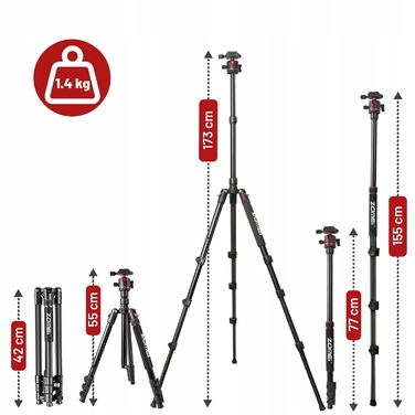 Штатив-трипод 3 в 1 (монопод), 173 см, чорний, з кулястою головкою 360°