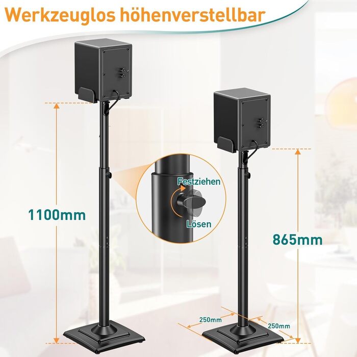 Універсальна підставка для поличних колонок ELIVED, регульована за висотою, з висувною платформою та внутрішнім кабелем-каналом, витримує до 5 кг, 1 пара