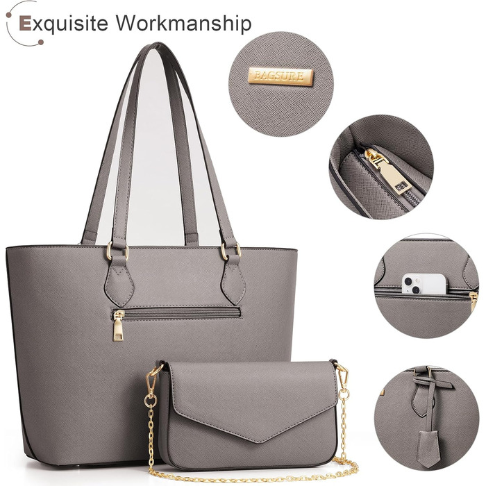 Bagsure Сумка жіноча (4 в 1): сумка-шопер, сумка на плече, ділова сумка для офісу, школи, подорожей (Сіра)