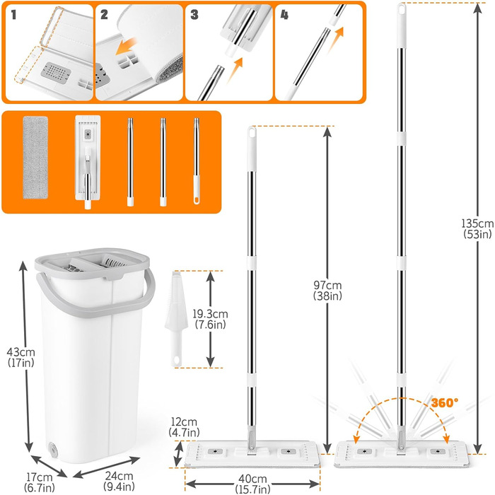 Набір для миття підлоги з відром GIOVARA: моп з відром, система віджиму, мікрофібра, 6 насадок, для всіх типів підлоги, білий