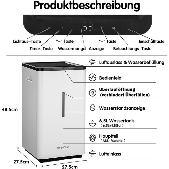 Зволожувач повітря 6L Top Fill, зволожувач повітря методом випаровування, 1000 мл/год, автовимкнення, білий (EH22)