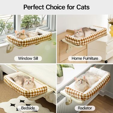 MEWOOFUN Cat Hammock Window Cat Bed Window Sill for Cats - 50x36cm Cat Bed for Radiator Cat Hammock with Soft Bed, Removable Suction Cup Free, Holds 18kg (Brown L - with Bed)
