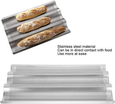 BuyWeek Baguette Baking Sheet, 3-Groove Stainless Steel Baguette Baking Mold French Bread Baking Sheet Pan Kitchen Baking Tool Silver
