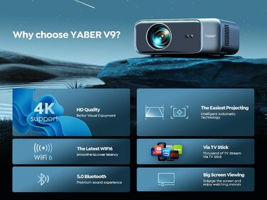 YABER Проектор для дому, 1080P Full HD, підтримка 4K, автофокус та корекція Keystone, WiFi 6 Bluetooth, портативний, для вулиці, діагональ екрану 300 дюймів, сумісний зі смартфоном/Fire TV Stick/PS5 (висока яскравість)