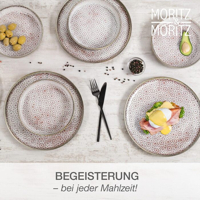 Набір посуду Moritz & Moritz ALHAMBRA на 6 осіб (18 предметів) з високоякісного порцеляну. Сучасний сервіз Mousse, легко миється. Включає 6 тарілок, 6 десертних тарілок та 6 мисок.