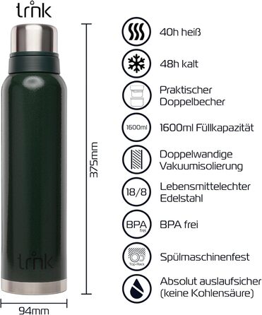 Термос Outdoor Trnk Polar 2 - 1600 мл, нержавіюча сталь, BPA-free, зберігає тепло 40 годин, з 2 стаканчиками, для посудомийної машини (зелений)