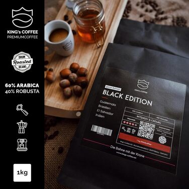 Кава в зернах King's Coffee Black Edition Crema Intense, міцна арабіка для автоматичних та ріжкових кавомашин, низька кислотність, обсмаження в Італії, 1 кг