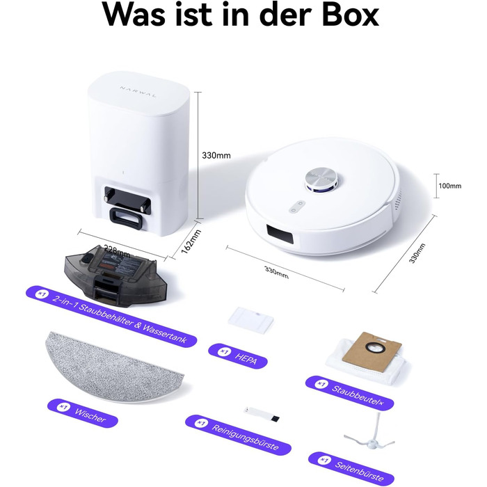 Робот-пилосос NARWAL Freo S з функцією миття підлоги, 8000Pa, 8N тиск, станція самоочищення 3.5L, LDS-лазерна навігація та 3D-картування, керування через додаток, для килимів/шерсті домашніх тварин